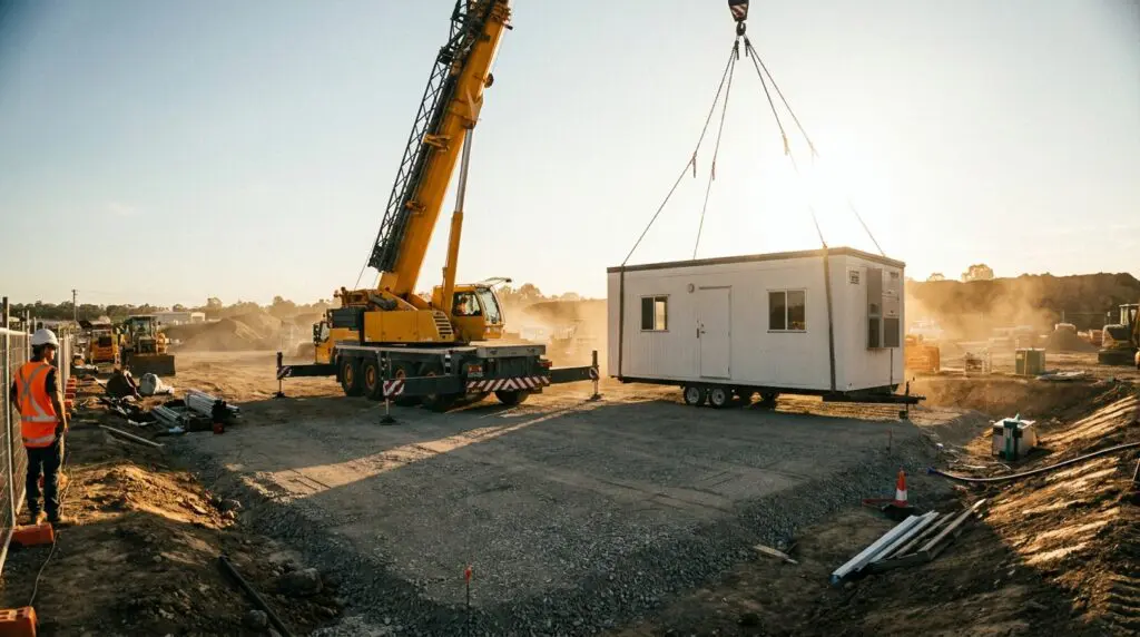 A single-wide white construction office trailer being lowered onto a graded gravel jobsite pad by a yellow crane, late afternoon golden-hour light, hi-vis worker visible at edge of frame.