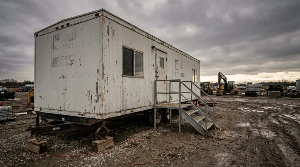 A used white construction office trailer with weathered exterior, paint scuffs, wood blocking under the corners, and a steel-handrail step at the door, sitting on a working jobsite under overcast natural light.