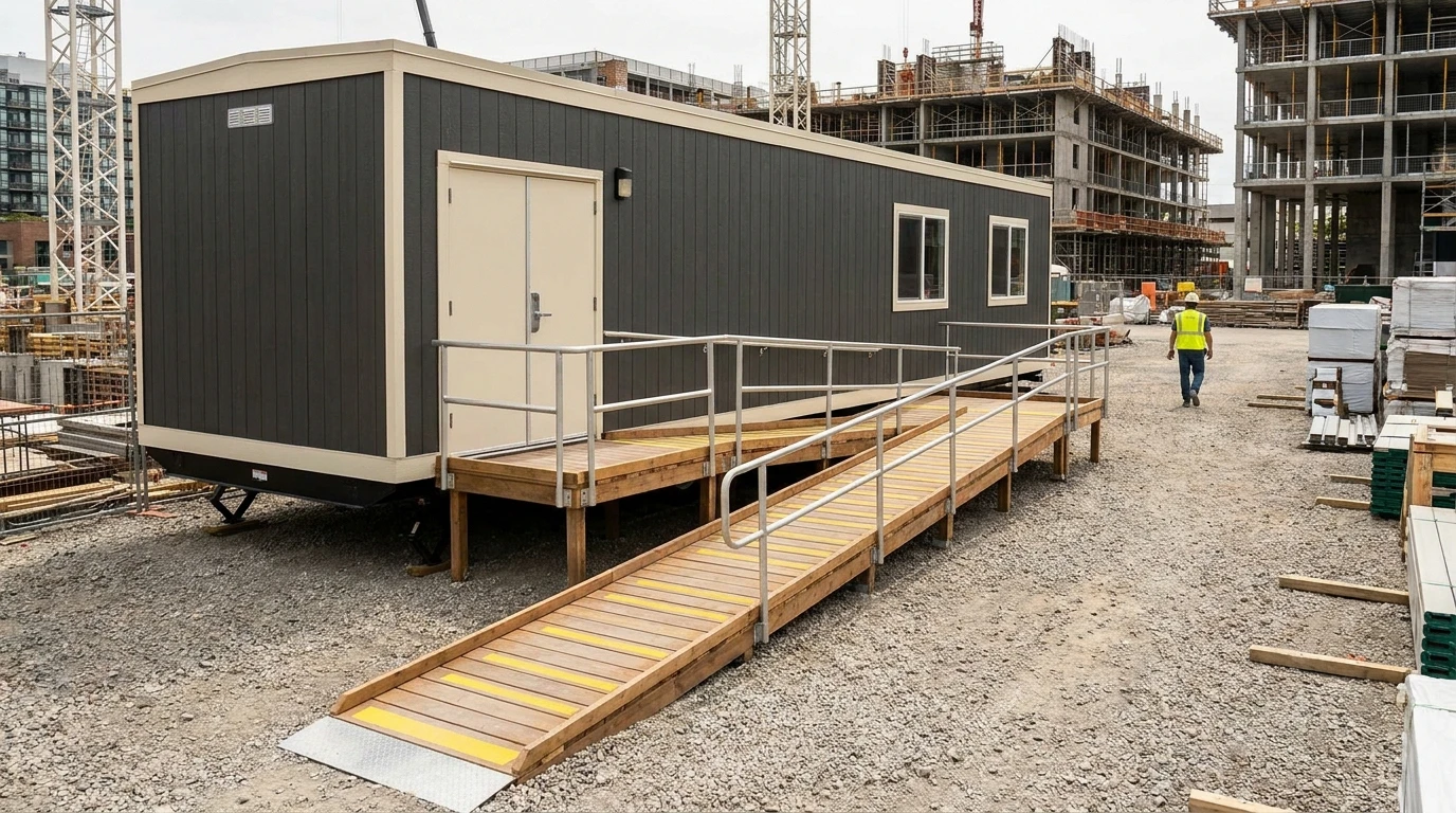 ADA-compliant 10 by 36 office trailer with an accessible entry ramp and handrails
