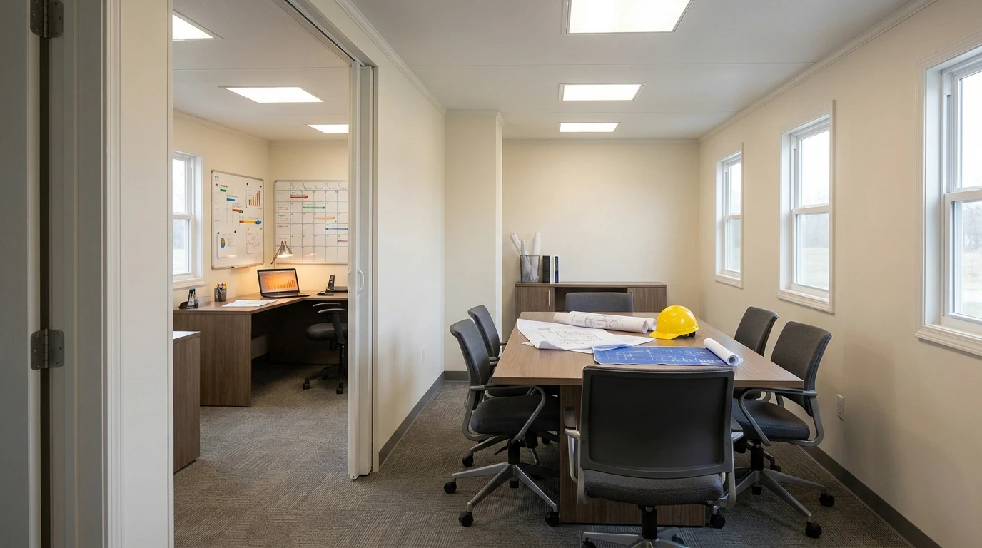 Interior of a 10 by 36 office trailer divided into a private office and a conference room