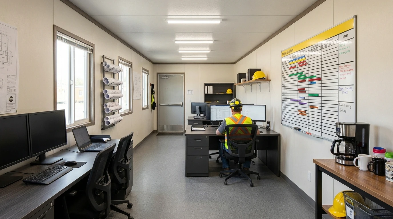 Interior of a 10 by 36 office trailer set up as an open bullpen project headquarters for a construction team