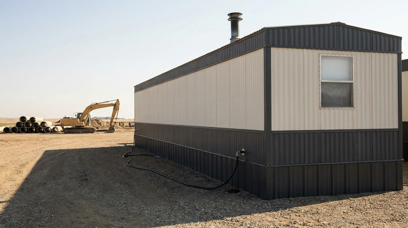 10 by 36 office trailer with an interior restroom configuration on a civil construction jobsite