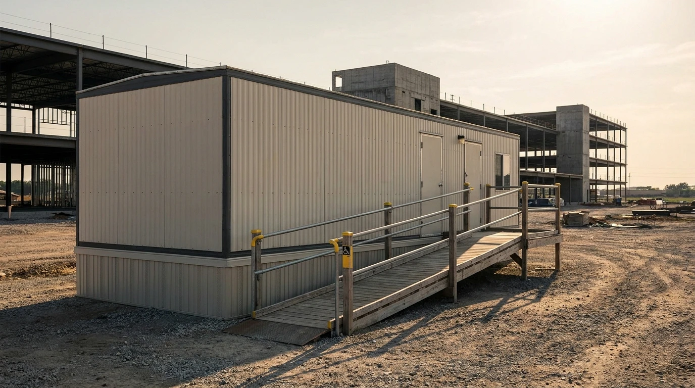 10 by 44 office trailer with an ADA-compliant accessible ramp and entry at a commercial jobsite