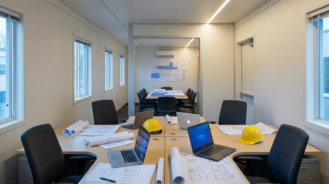 Interior of a 10 by 44 office trailer with a bullpen and a separate conference area for a project team