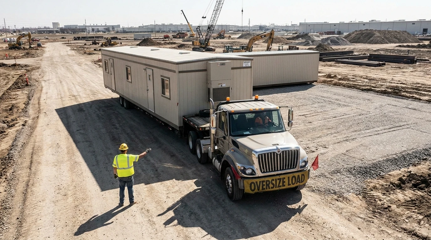Flatbed truck delivering a 10-foot-wide 10 by 44 office trailer as an oversize load to a large jobsite