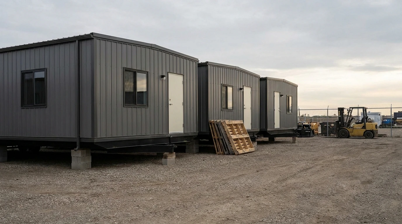 10 by 44 construction office trailers in a supplier storage yard available for rent or purchase