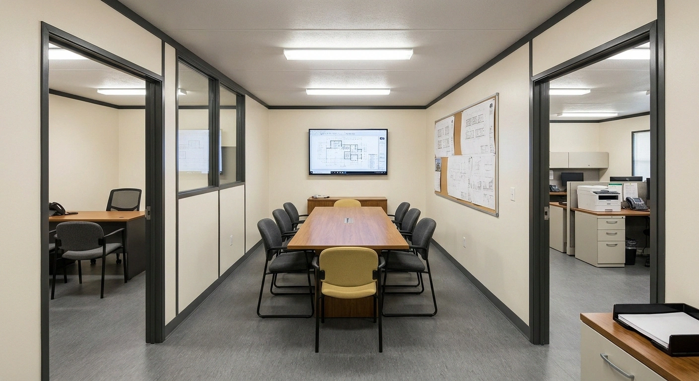 Interior of a 10 by 50 office trailer in a divided configuration with a private office, a conference room, and an open bullpen