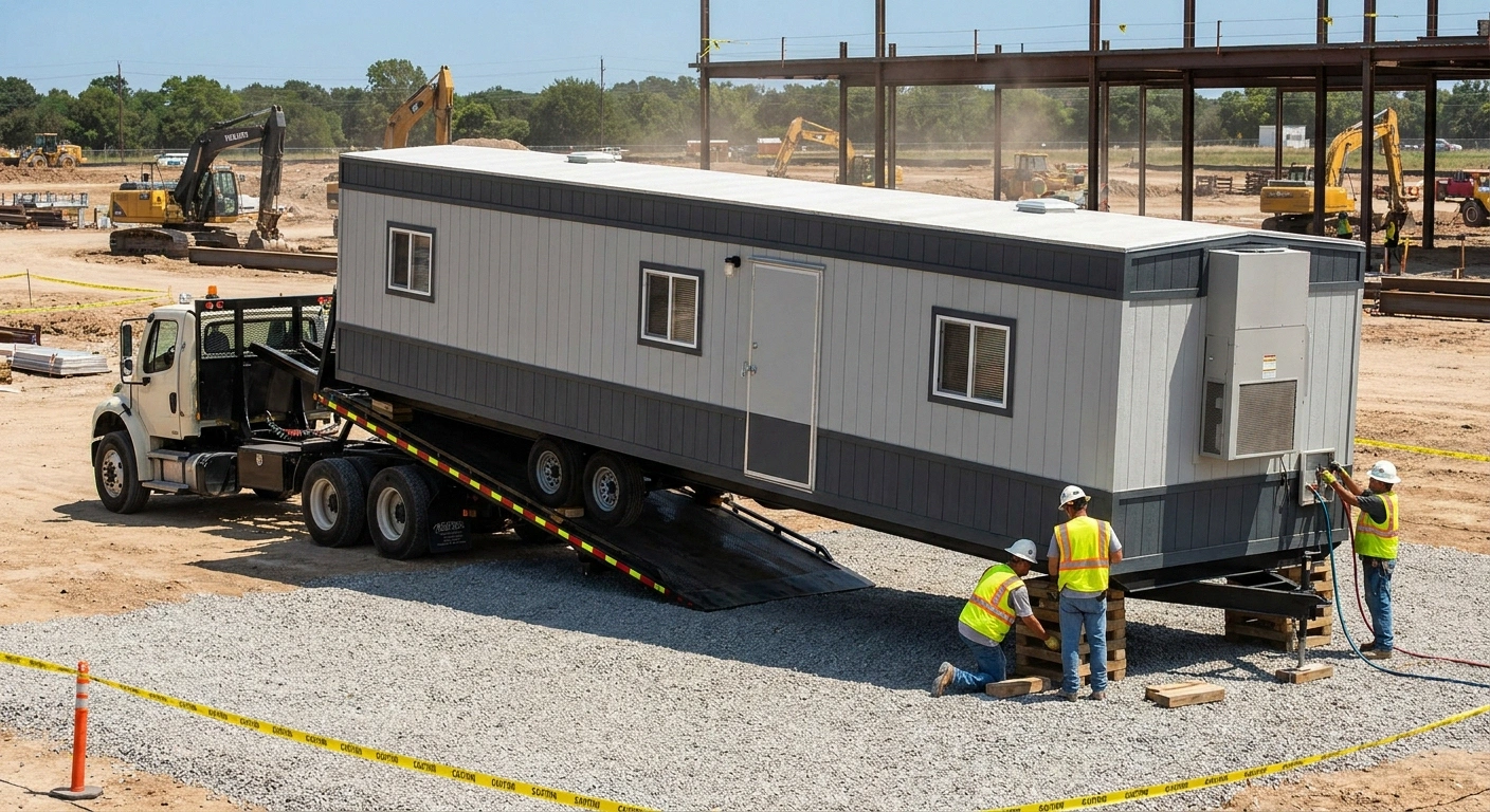 A flatbed truck offloading a 10 by 50 office trailer onto a leveled gravel pad at a large jobsite