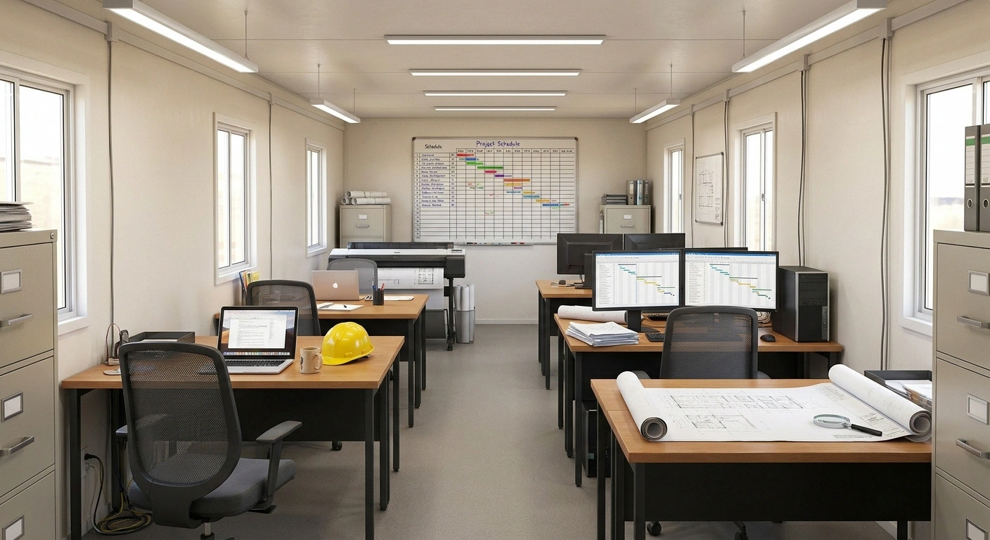 Interior of a 10 by 50 office trailer set up as a full project-management bullpen with multiple desks and workstations