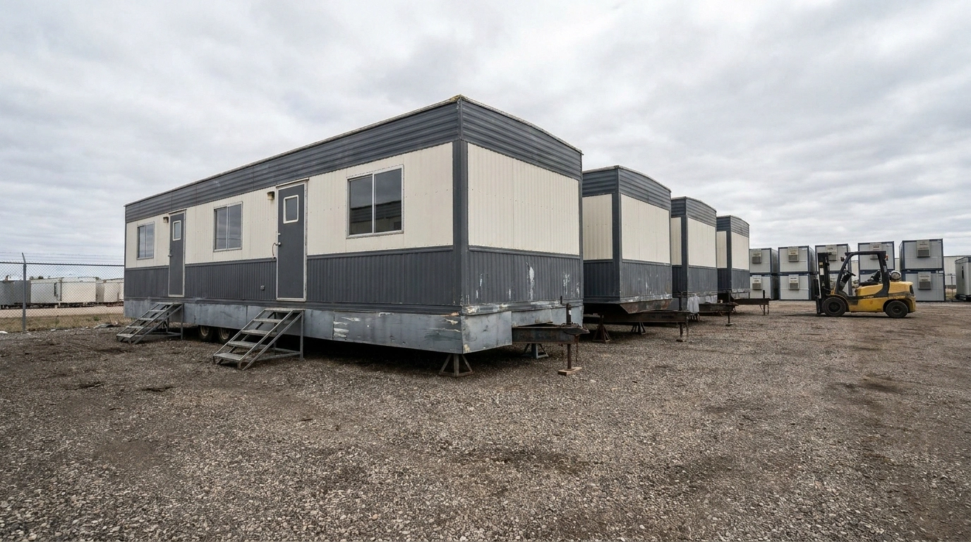 A row of used 10 by 50 construction office trailers on stands in a supplier storage yard with a forklift