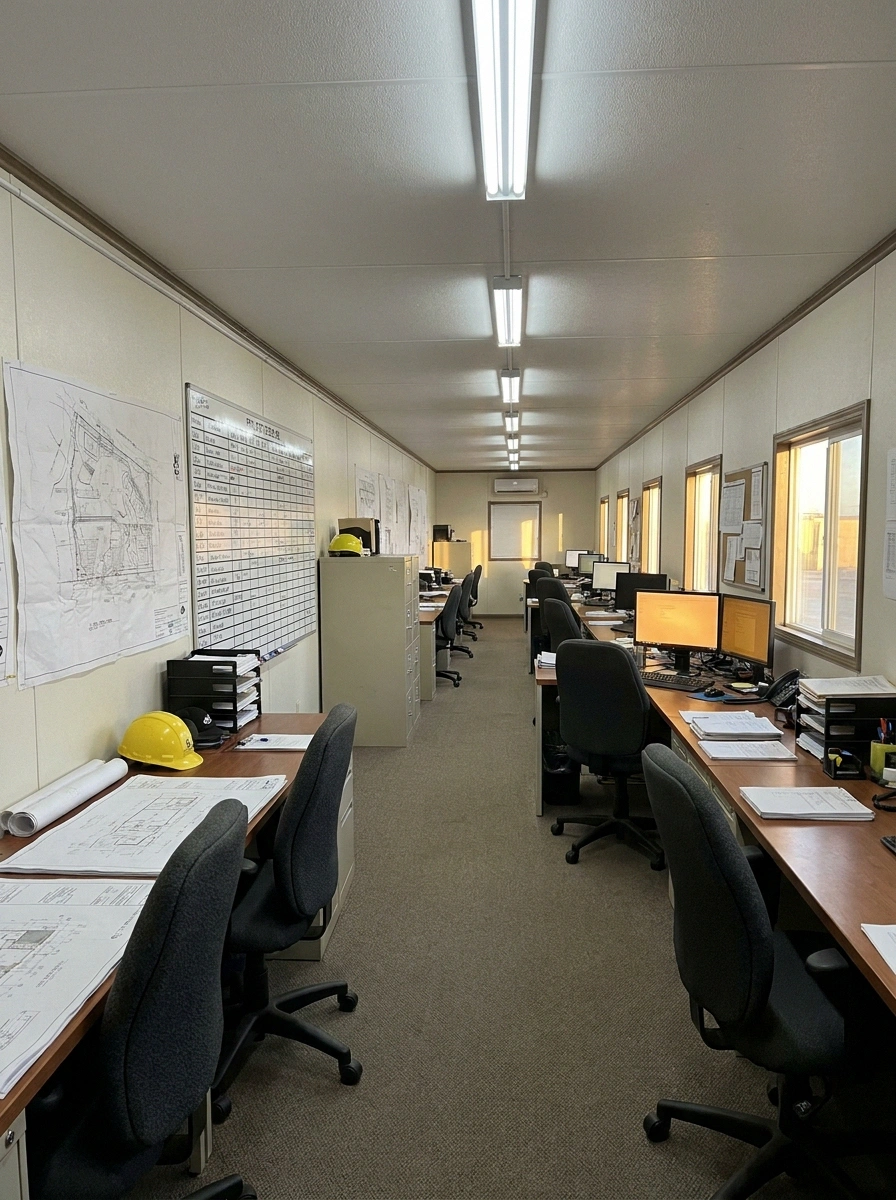 Interior of a 10 by 60 office trailer set up as a command center with an open bullpen of many desks down the length of the unit
