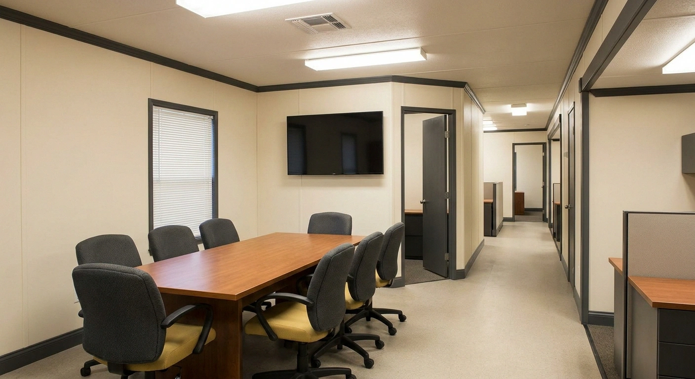 Interior of a 10 by 60 office trailer in a multi-room divided configuration with a conference room and a private office behind a partition wall