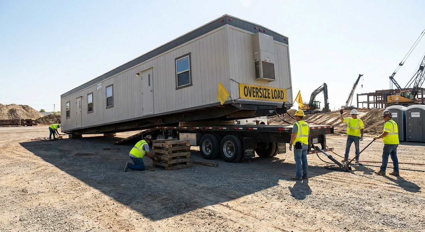A flatbed truck delivering a 60-foot 10 by 60 office trailer onto a leveled gravel pad at a large jobsite