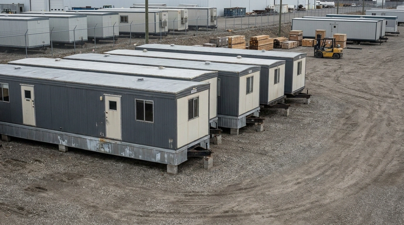 A row of used 10 by 60 construction office trailers on stands in a supplier storage yard with a forklift