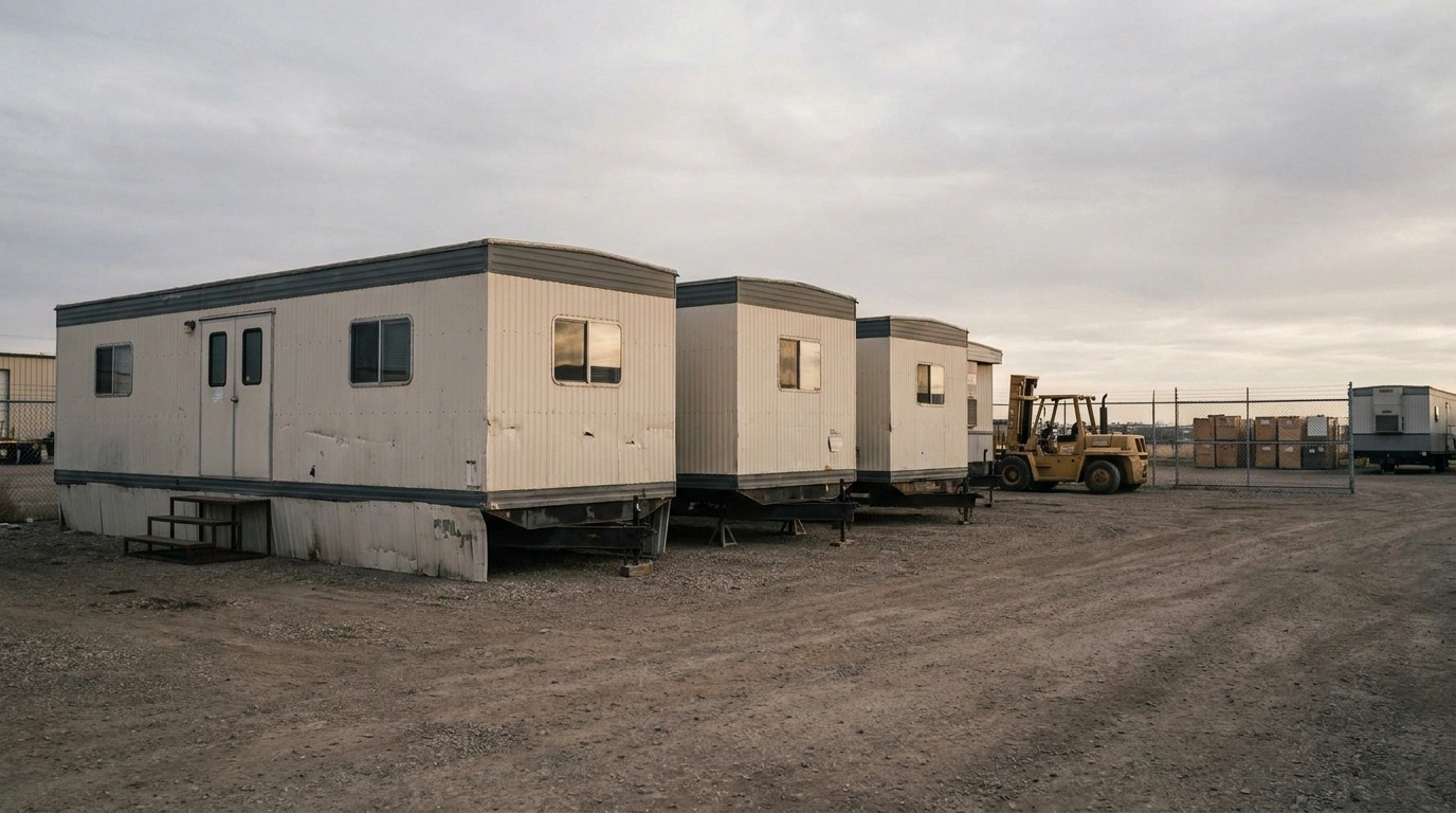 A row of used extra-wide 12 by 44 construction office trailers on stands in a supplier storage yard
