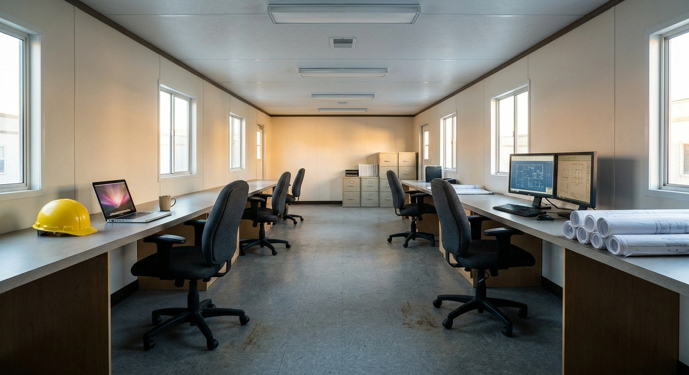 Interior of an extra-wide 12 by 44 office trailer with desks along both long walls and a center circulation aisle