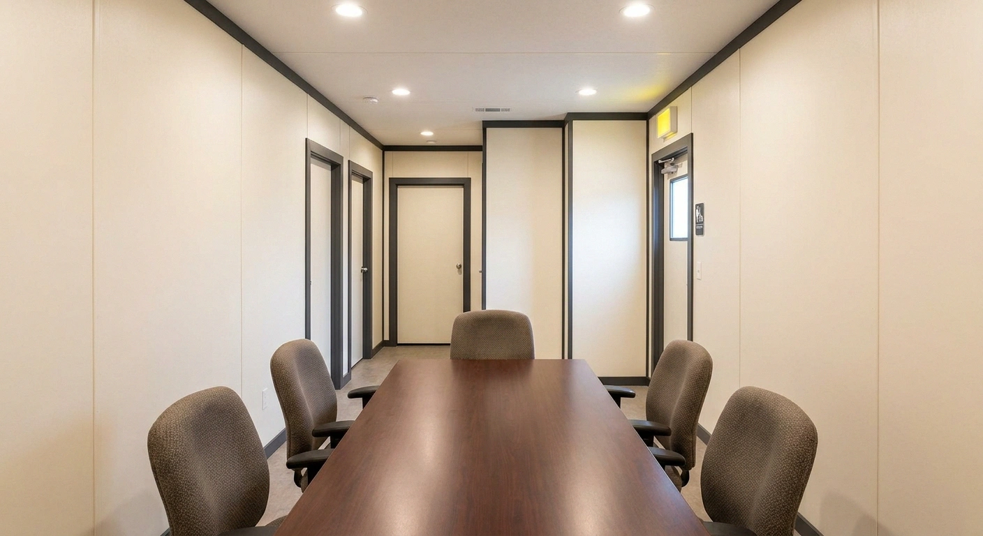 Interior of a 12 by 50 office trailer divided into a wide conference room and multiple private offices