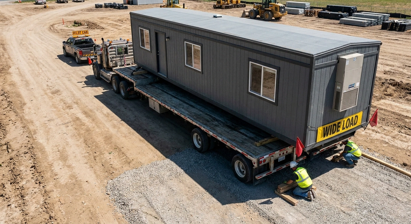 An oversize permit flatbed delivering a wide 12 by 50 office trailer to a jobsite with wide-load signage