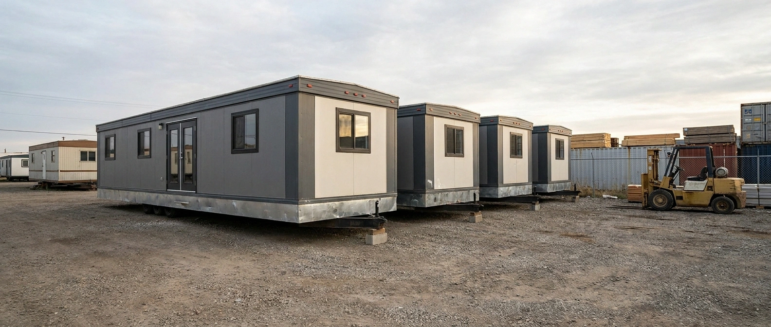 A row of used 12 by 50 wide-body construction office trailers on stands in a supplier storage yard