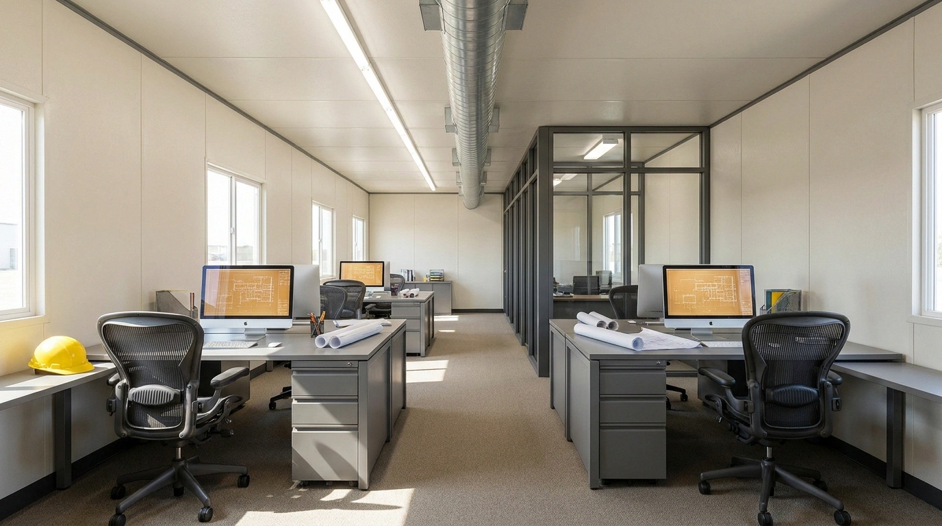 Interior of a 12 by 50 wide-body office trailer set up as a large project headquarters with an open bullpen