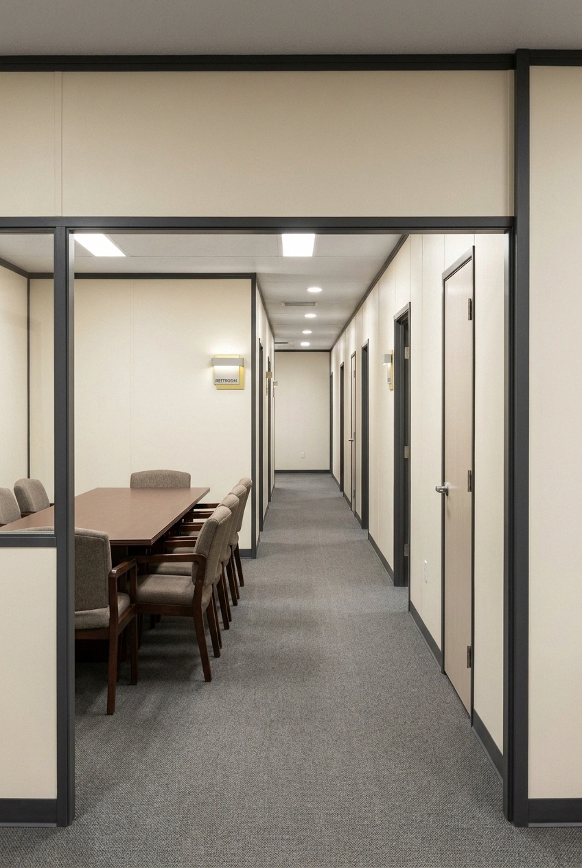 Interior of a 12 by 60 office trailer divided into a wide conference room and three private offices