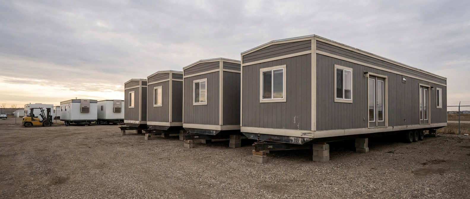 A row of used 12 by 60 wide-body construction office trailers on stands in a supplier storage yard