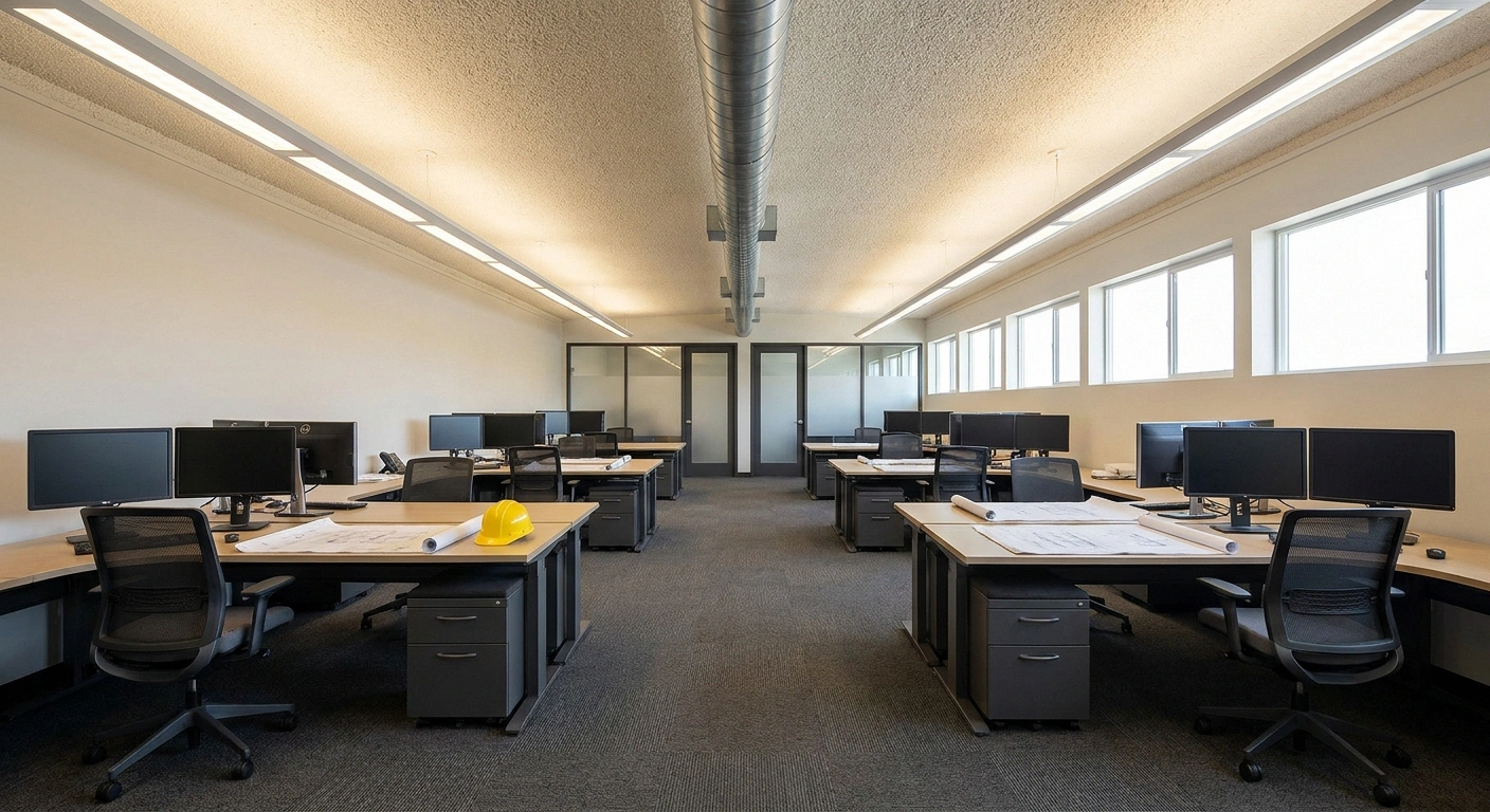 Interior of a 12 by 60 wide-body office trailer set up as the largest single-wide project headquarters with an open bullpen