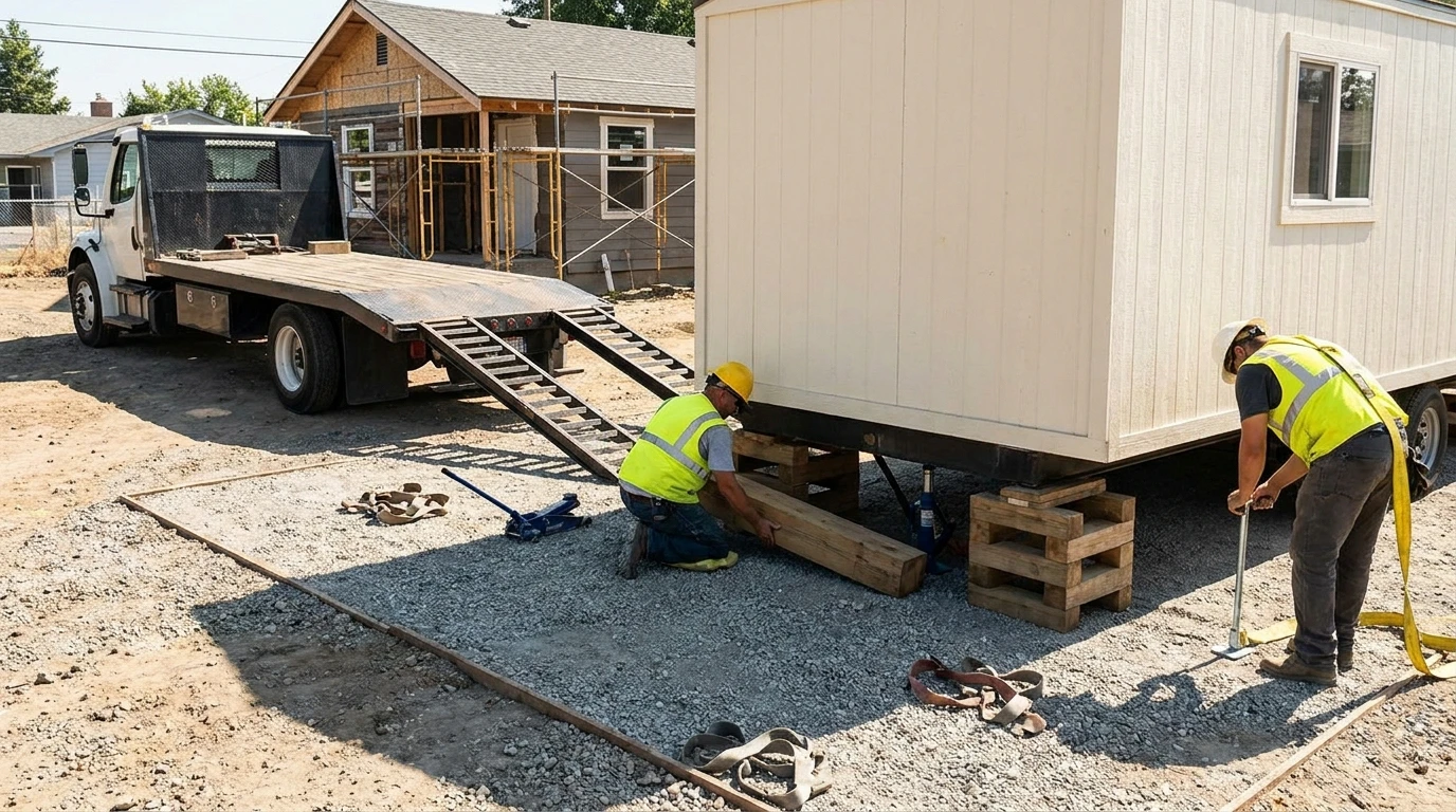 Flatbed delivery truck offloading an 8 by 16 office trailer onto a leveled pad at a small jobsite