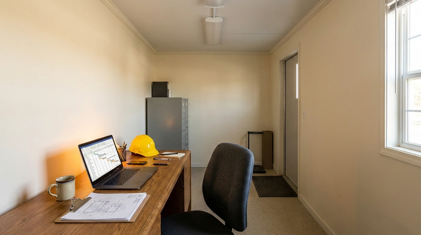 Interior of an 8 by 16 office trailer configured as a solo foreman office with desk, laptop, and clipboard