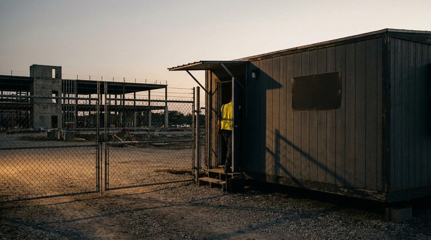 8 by 16 construction trailer set up as a guard booth at a controlled jobsite gate