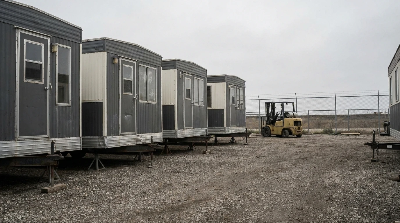 Used 8 by 16 construction office trailers in a supplier storage yard available for purchase or rental