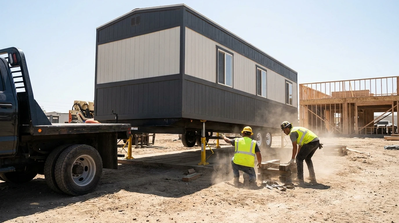 8 by 20 mobile office trailer being offloaded from a flatbed truck and set on a leveled pad at a commercial jobsite