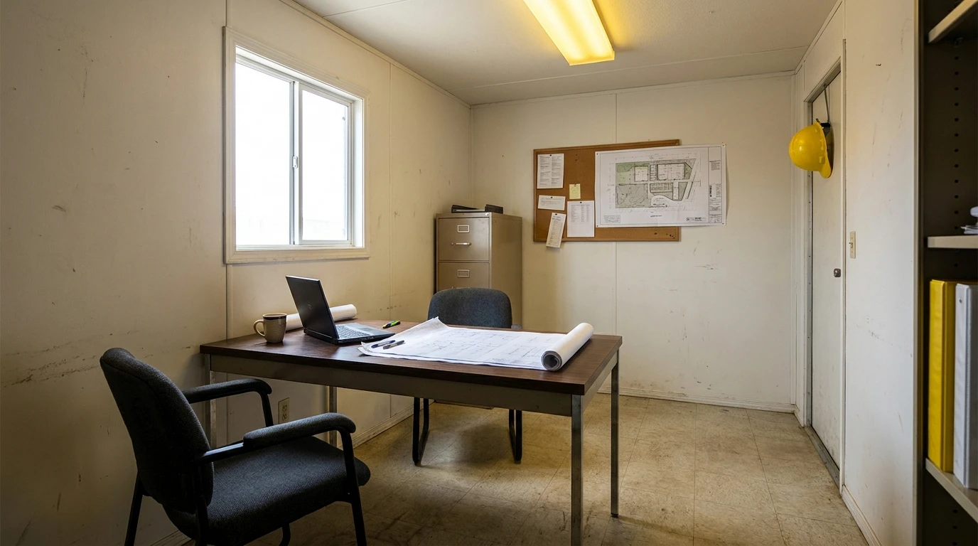 Interior of an 8 by 20 open-plan office trailer set up as a foreman office with desk, chairs, and filing cabinet