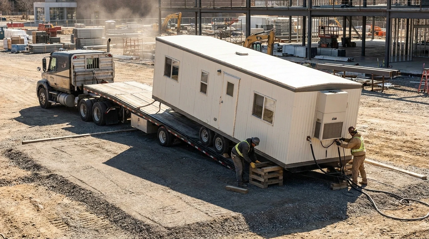 A flatbed truck offloading an 8 by 24 office trailer onto a leveled gravel pad at a jobsite