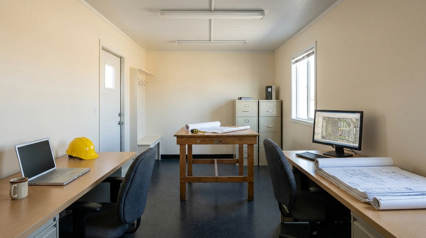 Interior of an 8 by 24 office trailer set up as a two-desk crew office with a center plan-review table