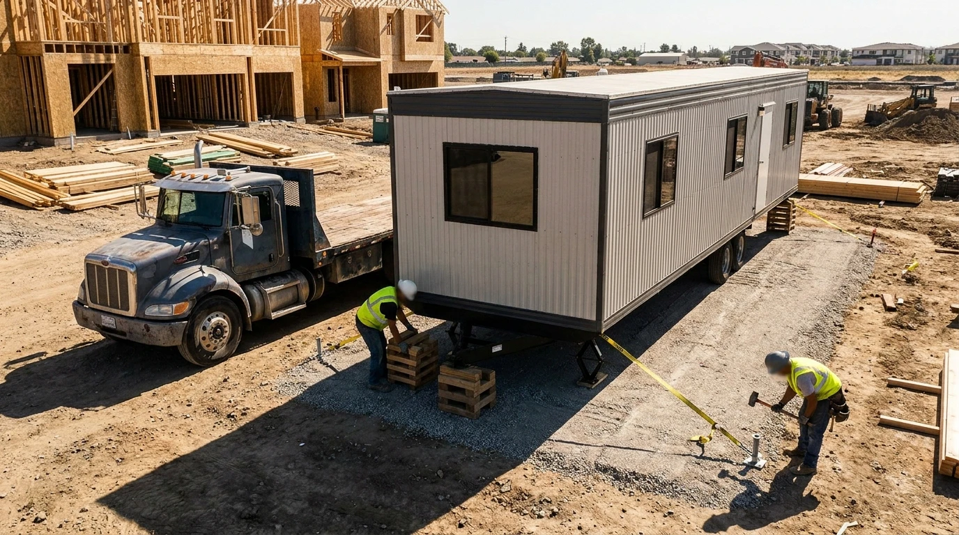 Flatbed delivery truck offloading an 8 by 28 office trailer onto a leveled pad at a mid-size jobsite