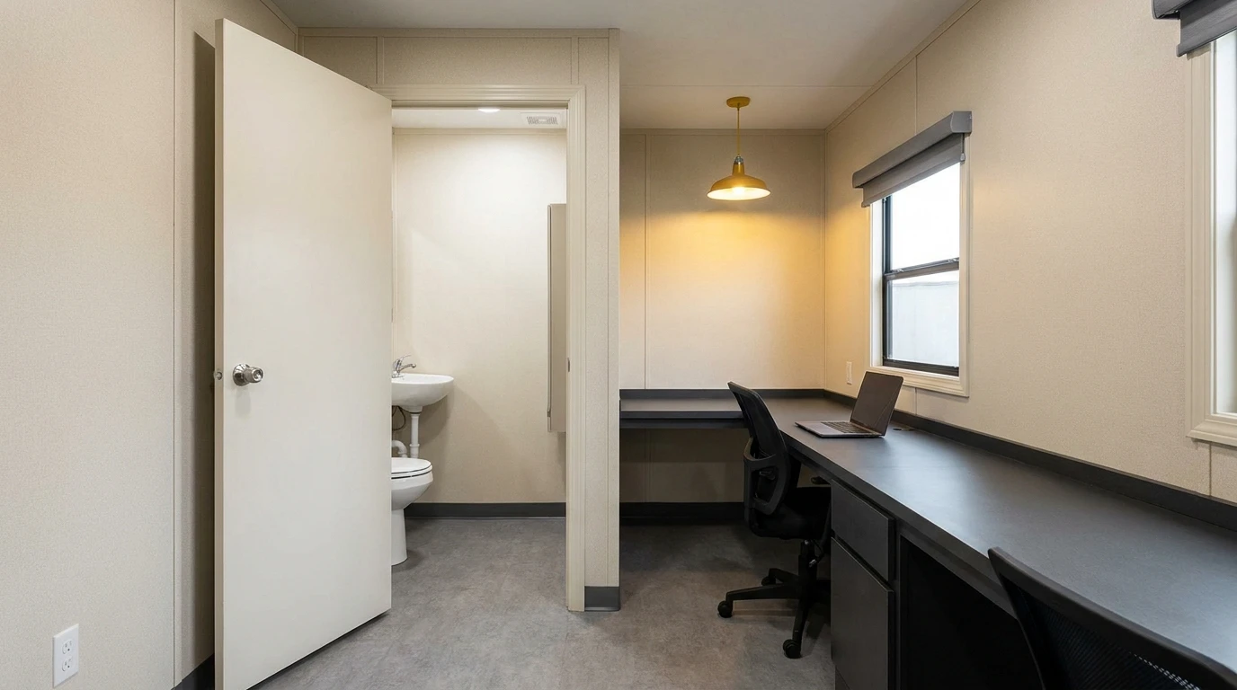 Interior of an 8 by 28 office trailer showing a built-in restroom adjacent to the office work area