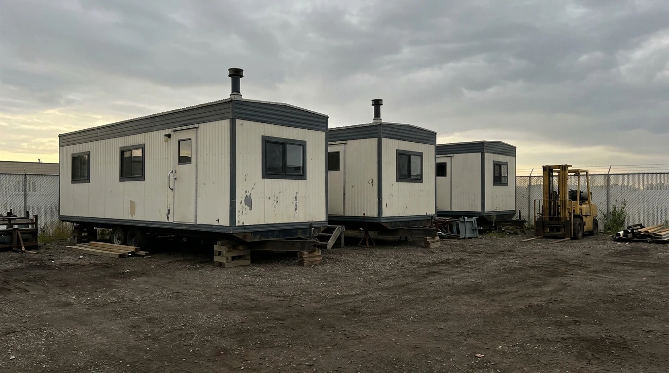 Used 8 by 28 construction office trailers in a supplier storage yard available for purchase or rental