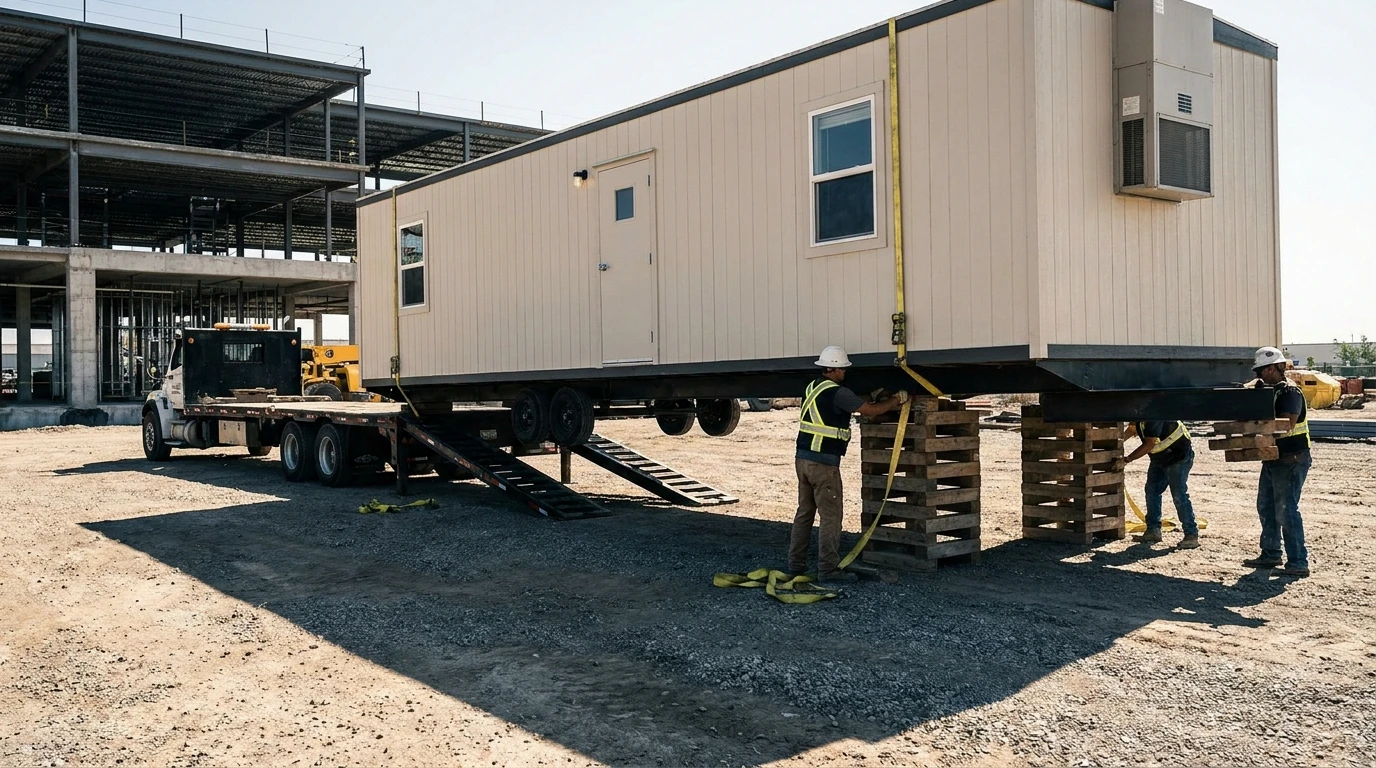 Flatbed delivery truck offloading a long 8 by 32 office trailer onto a leveled pad at a commercial jobsite