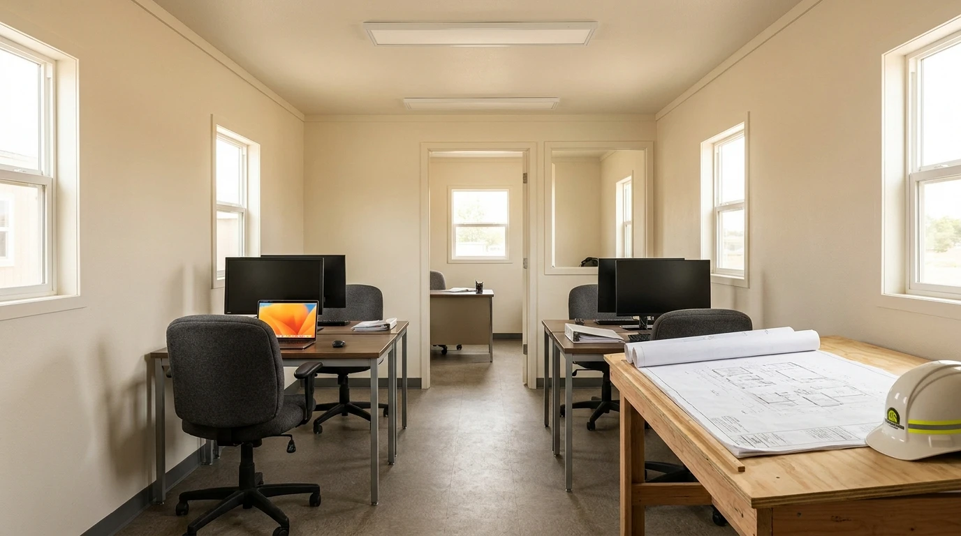 Interior of an 8 by 32 office trailer with a divided layout showing an open work area and a private office through the partition