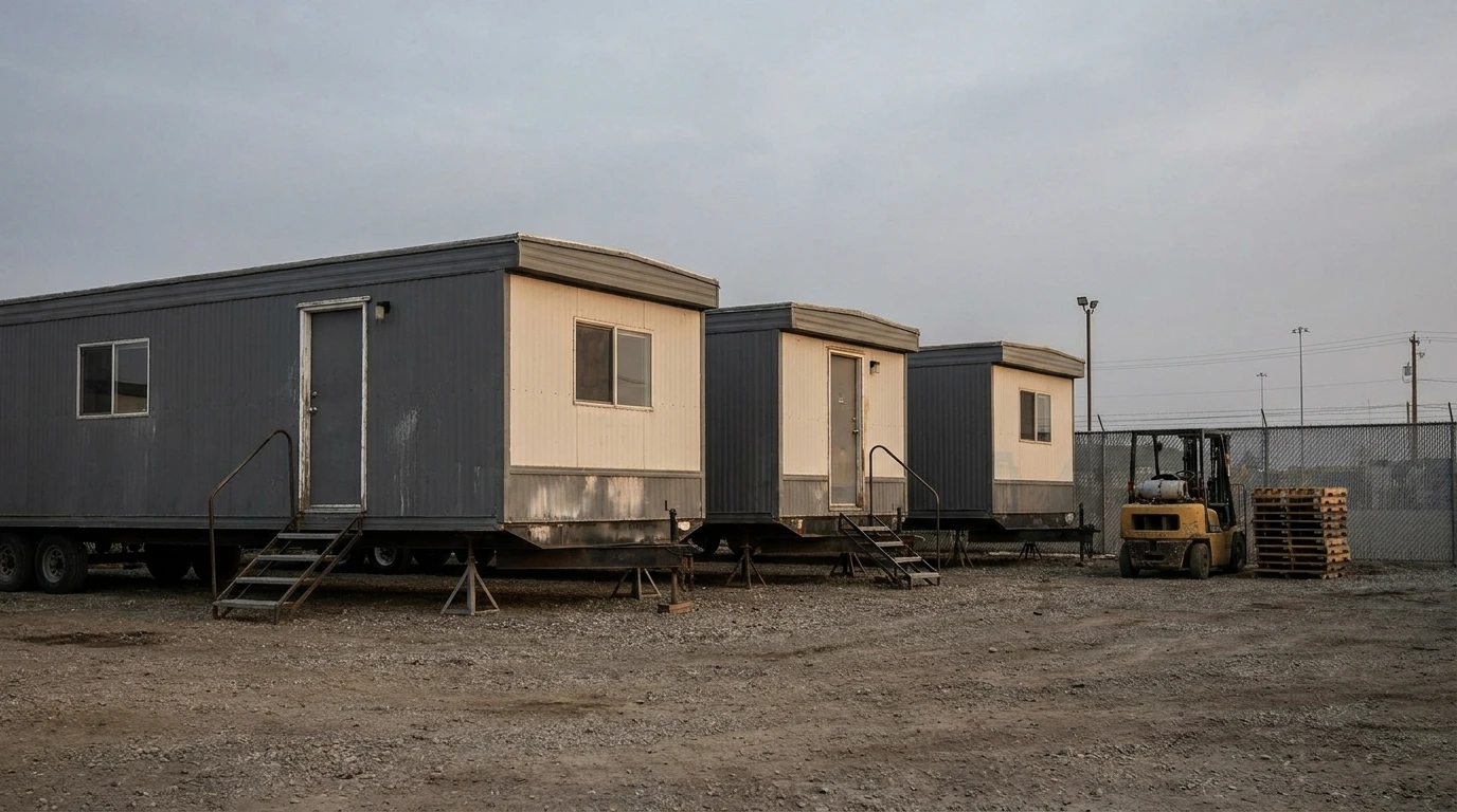 Used 8 by 32 construction office trailers in a supplier storage yard available for purchase or rental