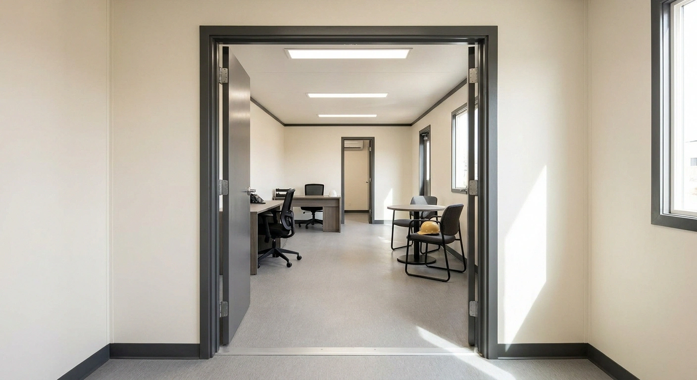 A wide accessible interior doorway inside a construction office trailer with a level threshold and a clear circulation path running between two work areas