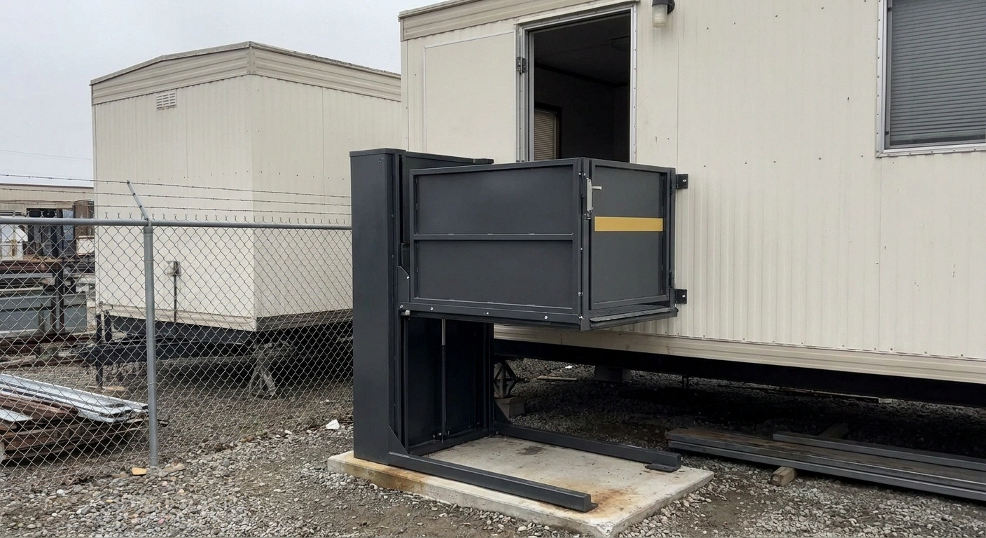A powered wheelchair lift platform raised at the side entrance of a construction office trailer as an alternative to a long entry ramp on a tight pad