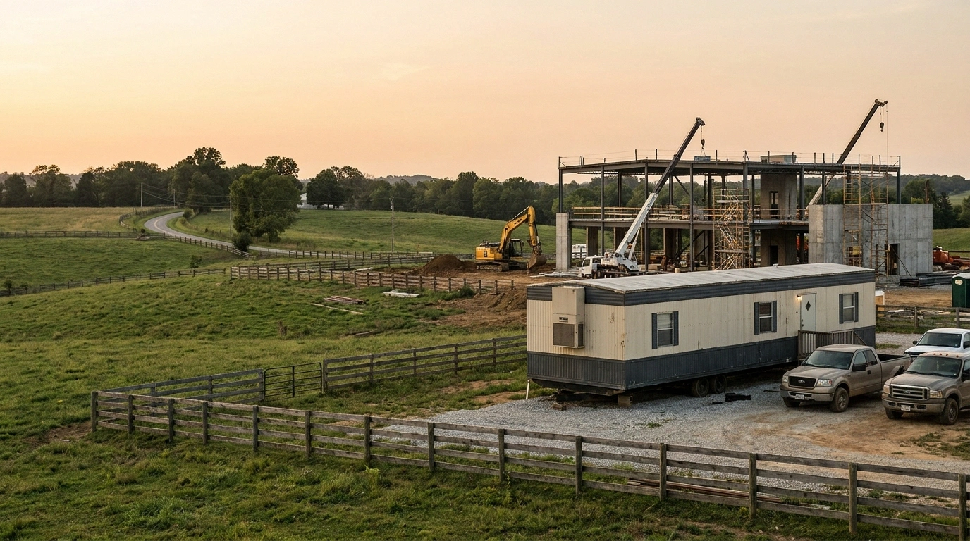 Wide view of a Bluegrass region commercial construction site with a 12 by 60 mobile office trailer in the foreground