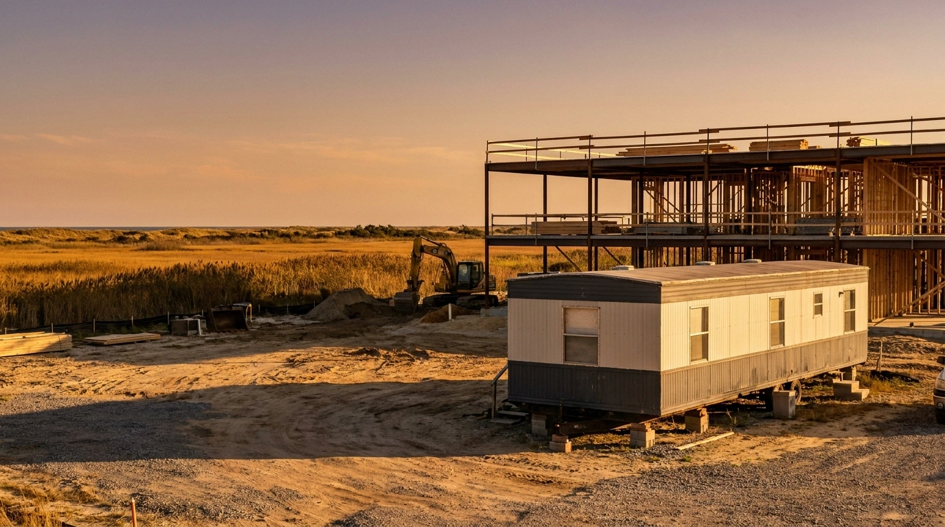 Wide view of a Sussex County Delaware coastal construction site with a 12 by 60 mobile office trailer in the foreground