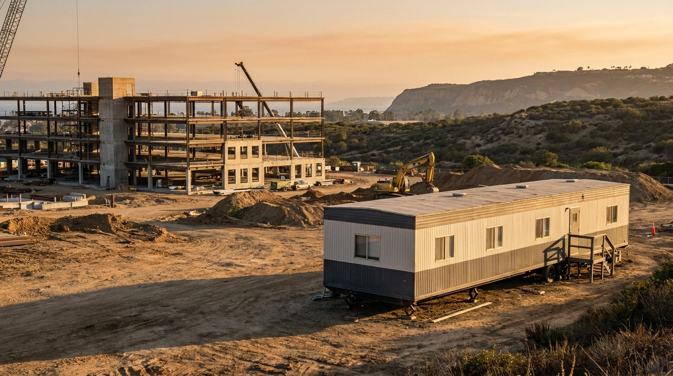 Wide view of a San Diego County commercial construction site with a 12 by 60 mobile office trailer in the foreground