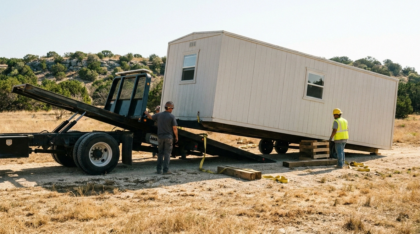 Mobile office trailer being offloaded and set on a leveled pad at a Central Texas Austin jobsite