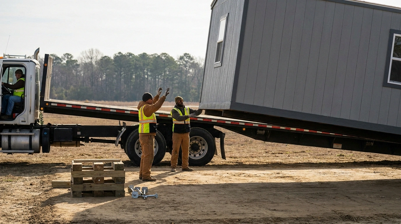 Mobile office trailer being offloaded and set on a leveled pad at a Delaware jobsite