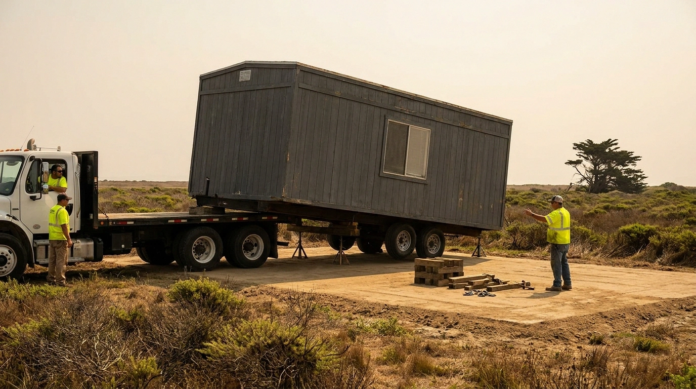 Mobile office trailer being offloaded and set on a leveled pad at a Louisiana jobsite