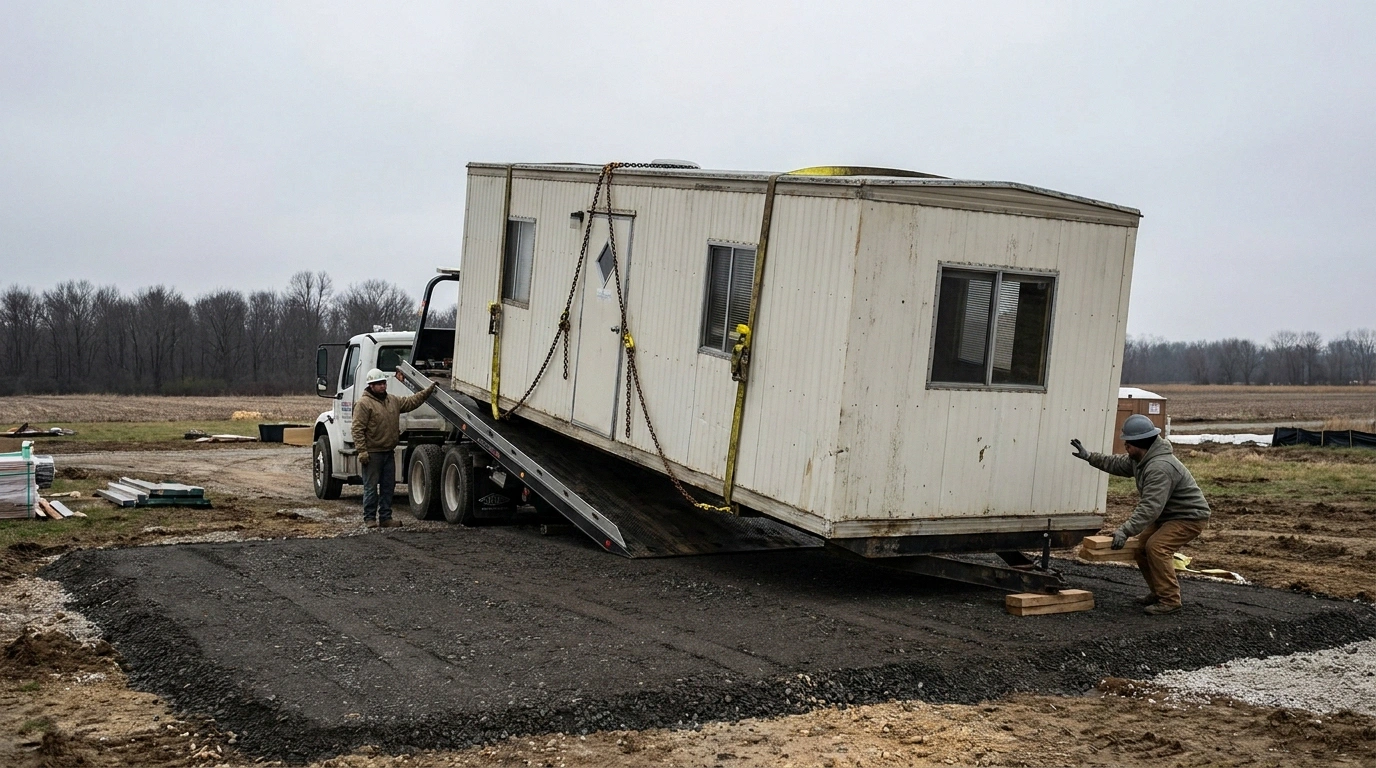 Mobile office trailer being offloaded and set on a leveled gravel pad at a Reading Pennsylvania jobsite